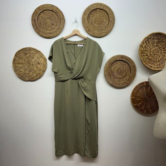 ASOS Green Minimalist Short Sleeve Twist & Drape Front Midi Dress 10 - Picture 1 of 7